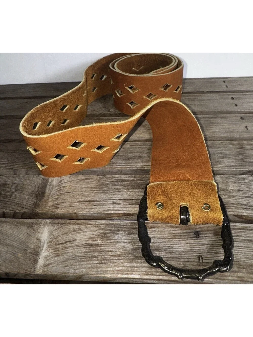 Vintage Wide Tan Leather Belt Ornate Brass Tone Buckle Boho Western Unisex 32”